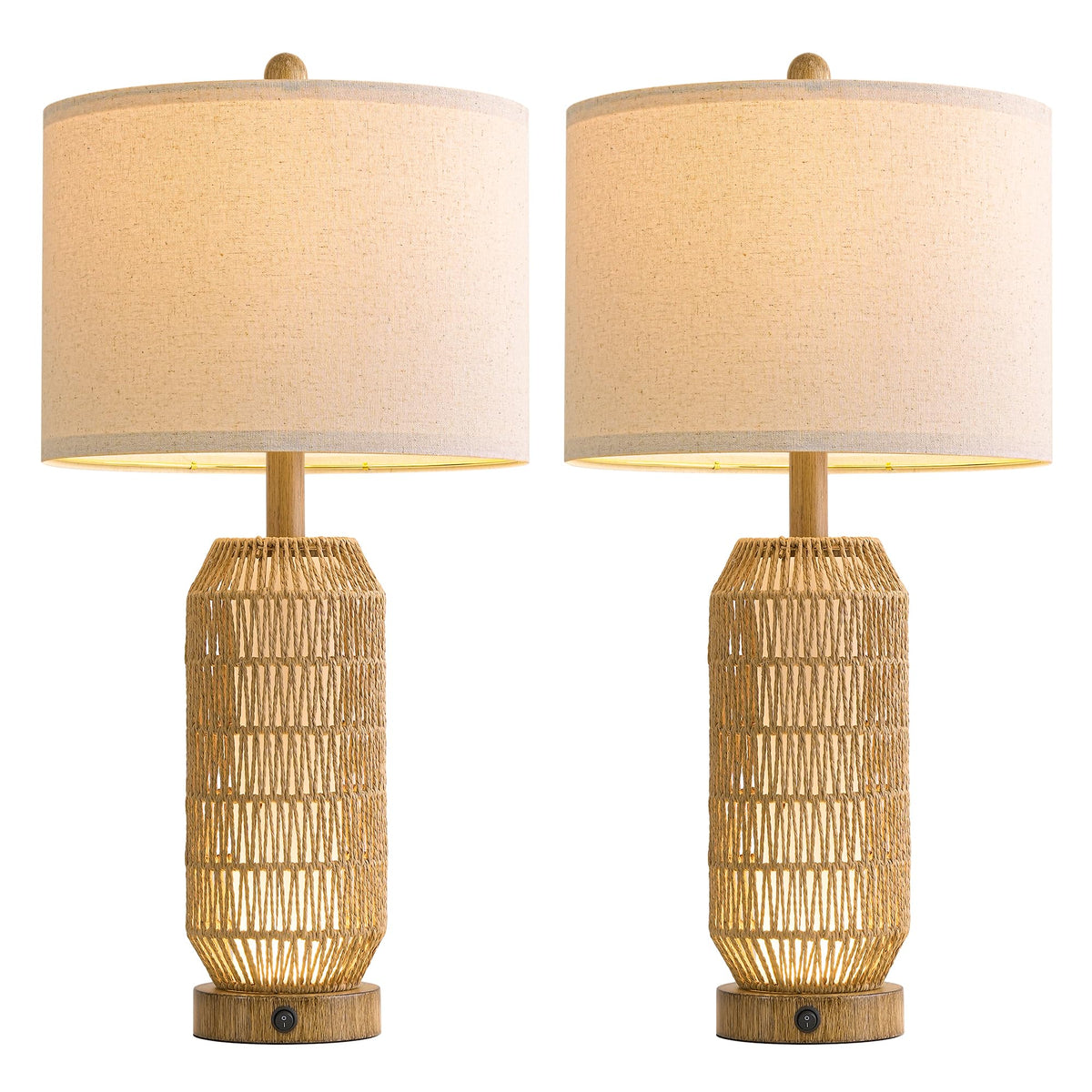 25" Table Lamps Set of 2 with Night Light (Wood-Grain)