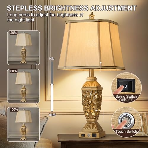 27.5" Touch Control Traditional Table Lamp Set of 2 with USB A+C (Bronze Wood-10 / 27.5")