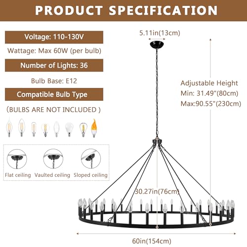 Black Extra Large Wagon Wheel Chandelier (Black-36 lights)