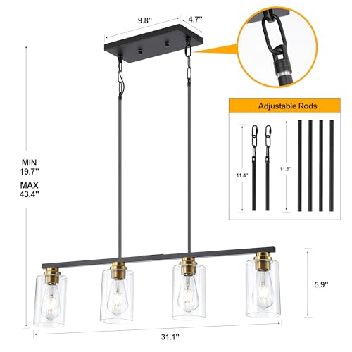 Island Light for Kitchen (Black & Gold / 4 Light + Clear Glass)