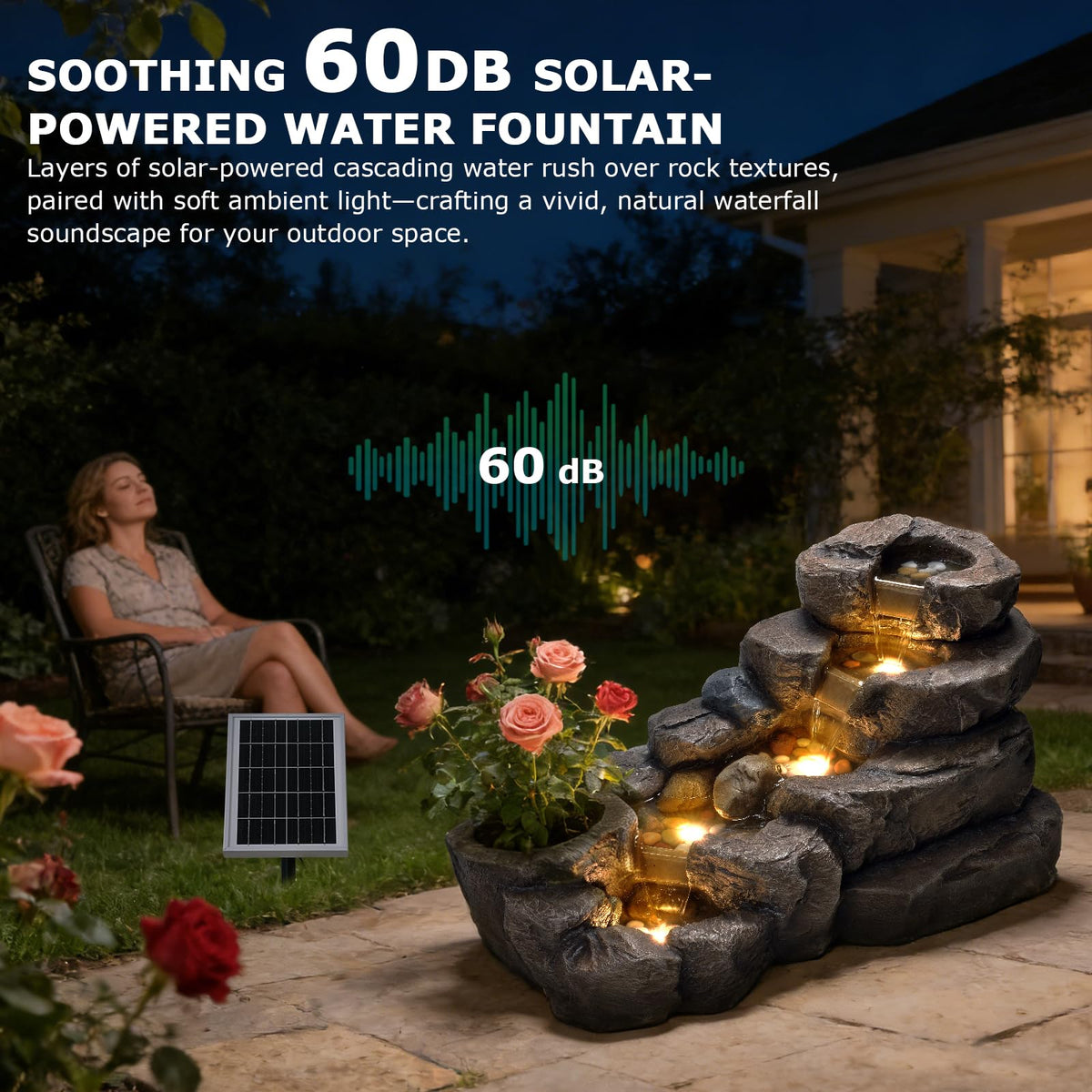 38.2" L Solar Water Fountain Outdoor Rock Waterfall Fountains (38.2’’L / Solar -Brown)
