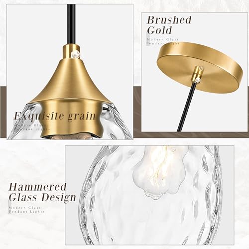 Gold Glass Pendant Lights Kitchen Island 6.3" Pendant Light Hammered Clear Glass 3 Pack Height Adjustable Modern Hanging Pendant Lights for Dining Room Bedroom Hallway Sink Bulbs Incl (Gold, 3 PK / 6.3 Inch)