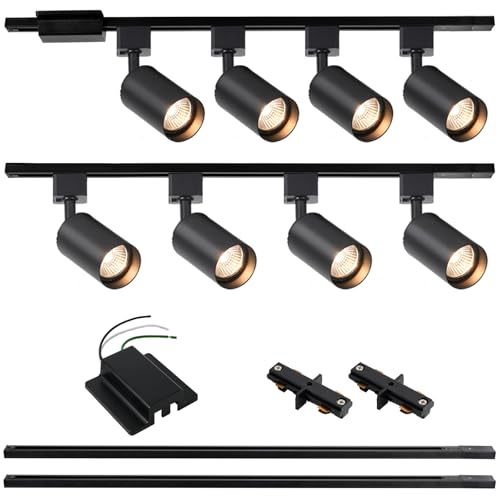 8 Light LED Track Lighting Kit with 6.6FT H Track Lighting Rails & Floating Canopy Connector (Black / 8 Lights)