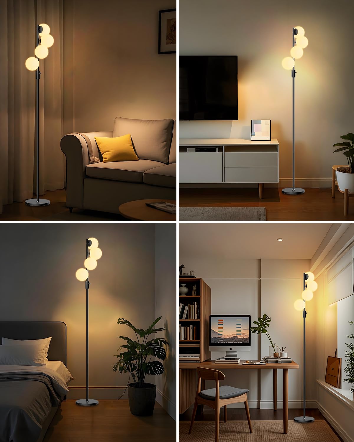 Black Globe Floor Lamp Dimmable 64IN Tall Standing Lamps with Soft Warm White Eye Care 3000K G9 Bulbs (Black-4)
