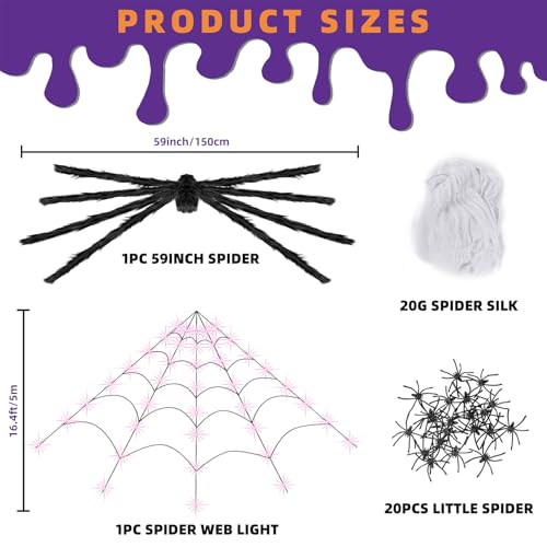 Halloween 200" Spider Web Light Decorations with 59" Giant Spider (Purple)