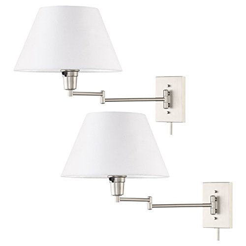 Cambridge 15" Modern Swing Arm Wall Sconce + 3 (Brushed Nickel,White Shade,2-Pack)