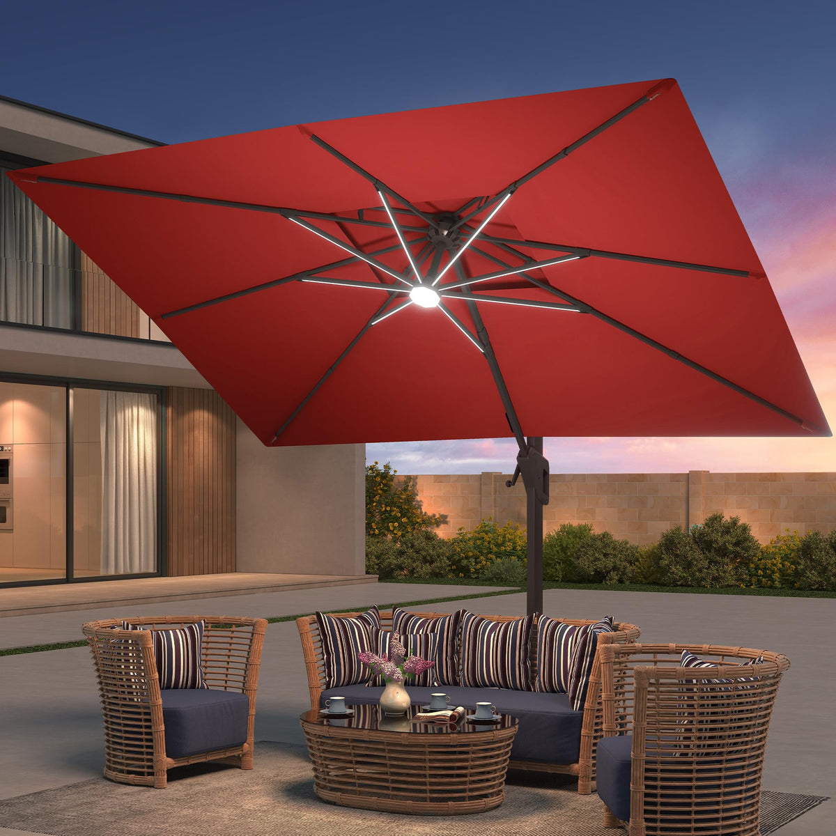 9x12 FT Patio Cantilever Outdoor Umbrella with Base and LED Lights (Red)