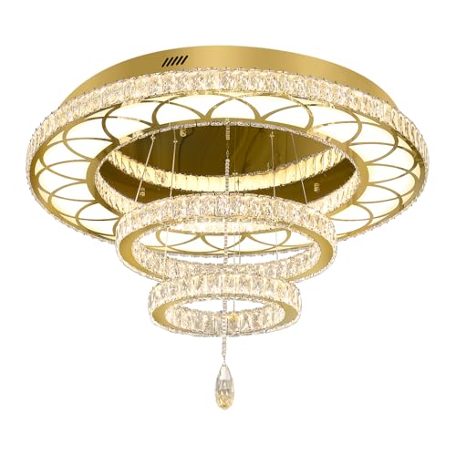 Dia 32" Modern Crystal Chandeliers Dimmable Round Chandelier 3 Rings Flush Mount Crystal Ceiling Light for Living Room Dining Room Bedroom Gold (Gold / W:32inches)