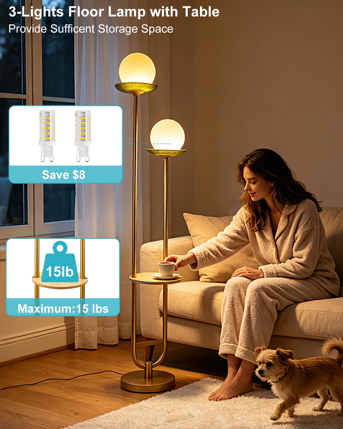 2 Globe Floor Lamp with Green Glass Tray Gold Dimmable Tall Lamp (Green-2U Gold)