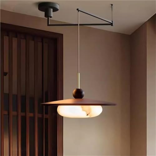 Modern Swing Arm Pendant Light Faux Alabaster Glass Shade Ash Wood Base Walnut Rotating Ceiling LED Lamp 3 Color Dimmable Dining Room Kitchen Interior Home Decor Lighting