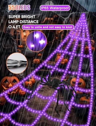 Halloween Decorations Outdoor Spider Web Lights (Purple-550LED-16.4FT-with Spider)