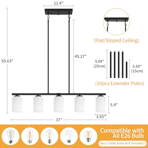 Modern Island Lights for Kitchen Black Chandelier Dining Room Light Fixture (5-Light White Glass)