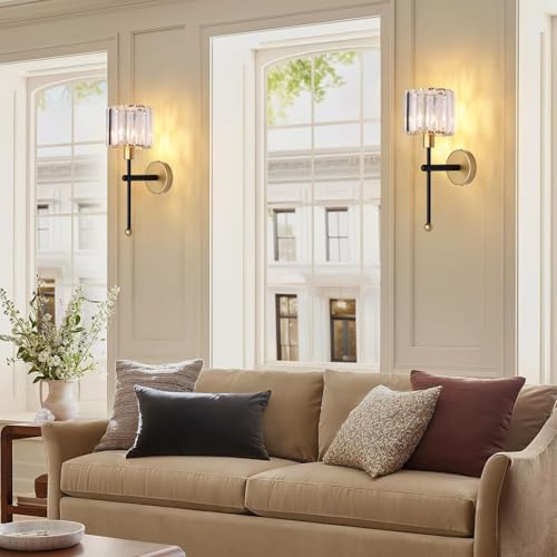 Modern Glass Crystal Wall Sconces Battery Operated Set of 2 (Gold-Black)