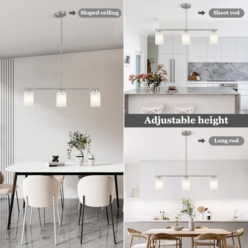 3 Light Kitchen Island Lighting Brushed Nickel Dining Room Light Fixture with Milk Glass Shade 31" Modern Linear Chandelier Adjustable Hanging Pendant Lighting Over Island Dining Table Living Room (Silver / 3-light)