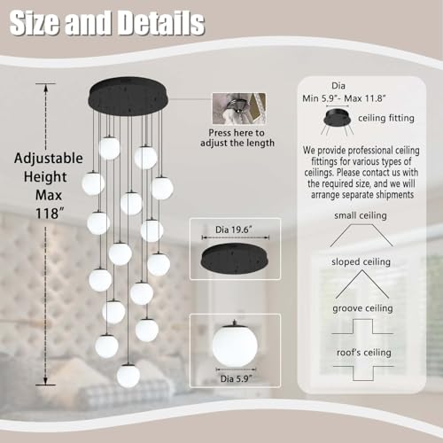 15 Light Black Chandelier with White Globe Glass Dimmable Ceiling Light Glass Pendant Light for Kitchen Island (Black-White / Globe 15-Light)