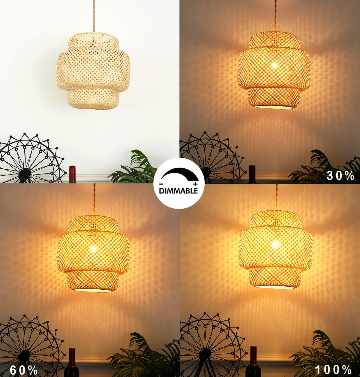 Plug in Pendant Light Rattan Hanging Lights with Plug in Cord Bamboo Hanging Lamp Dimmable (Pendant Light-2)
