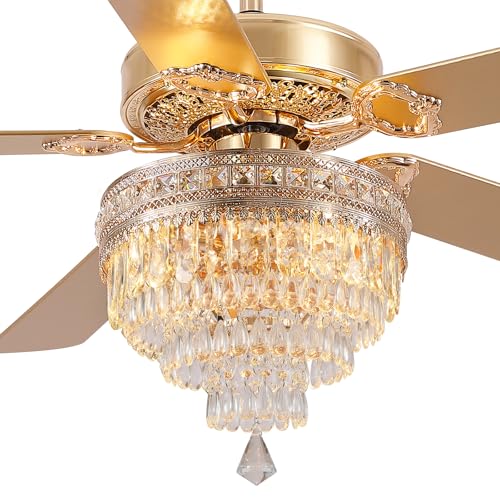 62"Golden Crystal Chandelier Ceiling Fans with Lights and Remote Control (Gold-62IN)