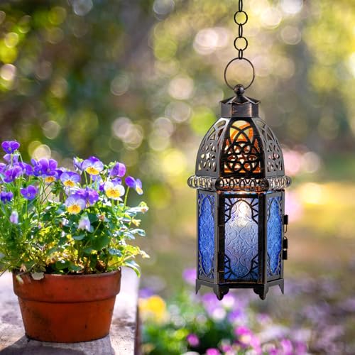 Vintage Candle Lantern (Large / Blue - 12.8''h)