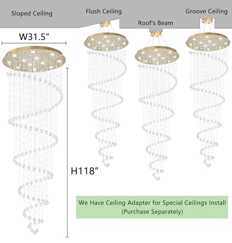 118 Inches Crystal Glam Chandelier Long Light Chandeliers with Dimmable Light Bulbs Gold High Ceiling Pendants Light Fixtures for Foyer Entryway Living Room Stair (Gold / Spiral W32" X H118")