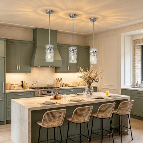 Modern Brush Nickel Hammered Glass Pendant Lights for Kitchen Dining Room (Nickel-1 Pack)