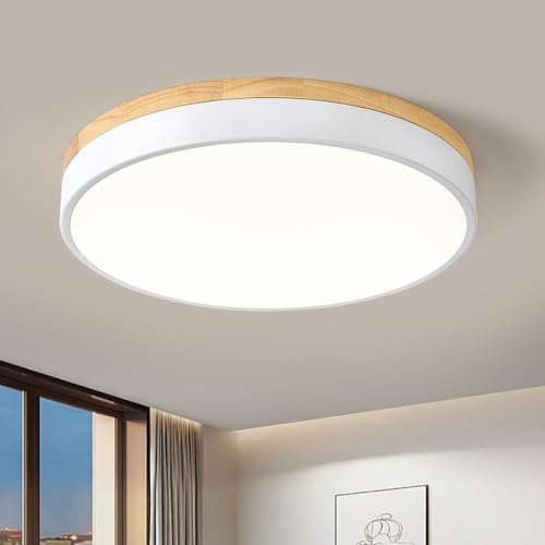 Dimmable LED Wood White Round Flush Mount Ceiling Light 15.74 Inch (White- Dimmable / 15.74 Inch)