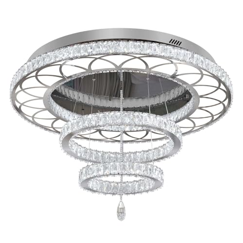 W40 Crystal Chandelier for Living Room Modern Flush Mount Chandelier Large Chandelier for Foyer Dining Room Hallway Dimmable 2700k 4500k 6000k (Silver / W:40inches)