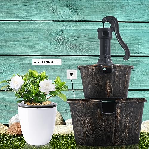 27 Inch 2 Tier Water Fountains Outdoor Waterfall Barrel Fountain Pump Garden 2 (2-tier)