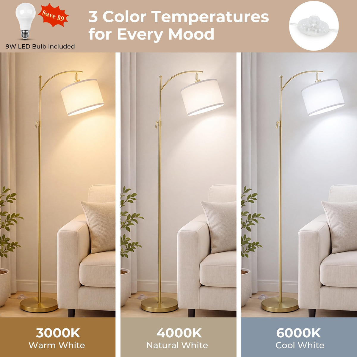 Upgraded Gold Arc Floor Lamp Adjustable Height 55 (Gold+White Shade-Arc)