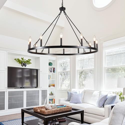 Black Wagon Wheel Chandelier 38 inch (Black-12 lights)