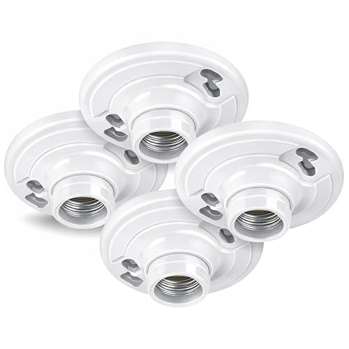 4 Pack) Keyless Plastic Lamp Holder - One-Piece Medium Base, E26 Socket Outlet Box Mount, 660W, Porcelain Socket Holder for Ceiling Lighting, LED and Incandescent Light Bulbs, Keyless Light Base (Plastic Keyless)