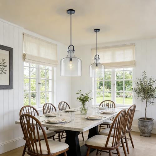 15"H Large Glass Pendant Light Fixtures with Clear Oversized Glass (Black)