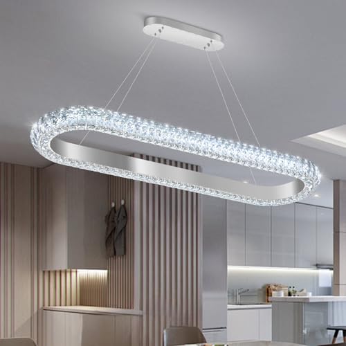 40'' Oval Ring Crystal Chandelier Modern LED Dimmable Ring Pendant Light Chandelier for Dining Room Living Room Silver (Silver / 1 Ring Oval 40")