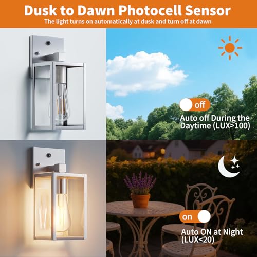 2 Pack Silver Dusk to Dawn Exterior Lighting Fixtures Wall Mount (Silver / Small-10.24'')