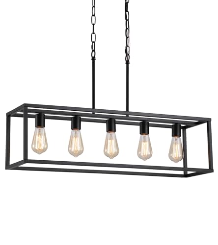 Black Rectangle Kitchen Island Lights Rectangular Modern Industrial Chandelier for Dining Room 5 Lights Linear Vintage Cage Light Fixtures UL Listed (5-Lights)