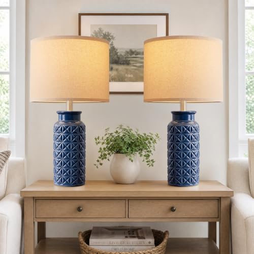 22.6" Modern Ceramic Bedside Lamps Set of 2 (Dark Blue)