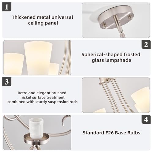 Brushed Nickel Farmhouse Chandelier Rustic Dinner Room Chandelier with Frosted Milky White Glass Lampshade Silver Durable Metal Ceiling Hanging Light Fixture for Kitchen Island Living Room Over Table (Brushed nickel -A)