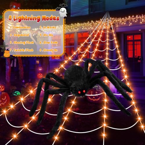 Halloween Decorations 16.4Ft Spider Web with LED Lights & 59" Giant Spider