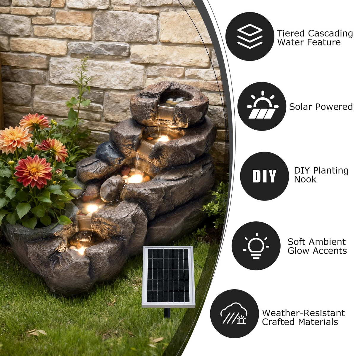 38.2" L Solar Water Fountain Outdoor Rock Waterfall Fountains (38.2’’L / Solar -Brown)