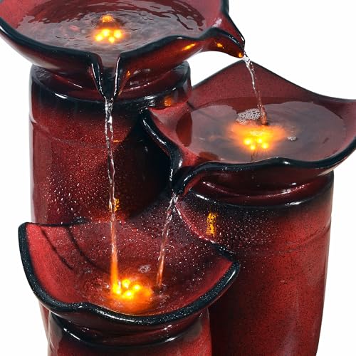 3 Tiered Floor Water Glazed Pots Fountain with LED Lights and Pump for Outdoor Patio Garden Backyard Decking Décor (Gradient Red)