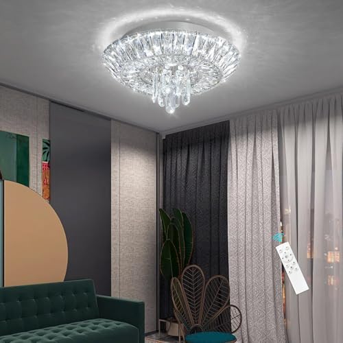 Crystal Chandelier 25W Modern Round Ceiling Light Fixture LED Raindrop Chandeliers Dimmable with Remote for Dining Room Living Room Entryway Hallway Bedroom Silver (Silver / W16")