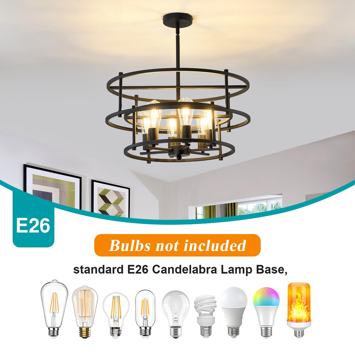 Industrial Black Chandelier 6 Light Candle Semi Flush Mount Ceiling Light (Black / chandelier)