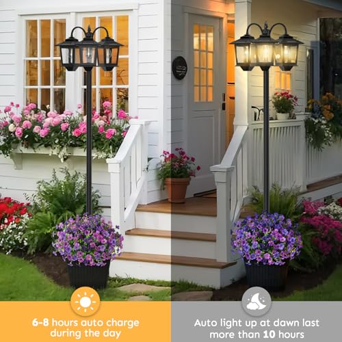 3 Head Solar Lamp Post with Planter (Black / Clear Frame)