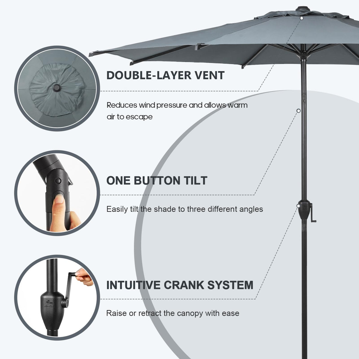 9FT Lyon Outdoor Patio Umbrella Outdoor Table Umbrella with Push Button Tilt and Crank Market Umbrella 8 Sturdy Ribs UV Protection Waterproof for Garden Deck Backyard Pool Grey (9 FT(8 Ribs) / Grey)