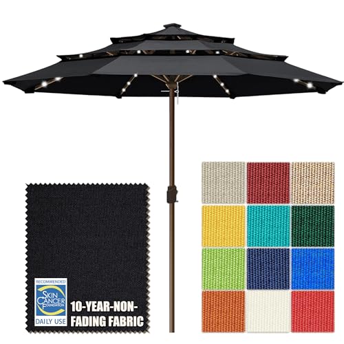USA 10-Year-Non-Fading 10ft 3-Tier Market Patio Umbrella, Commercial Table Umbrella with 80 Solar LED Lights, Crank Open, Windproof & UPF 50+ UV Protection for Garden, Deck, Pool, Backyard, No Tilt, Black (Black / 10FT(Triple Vents No Tilt))