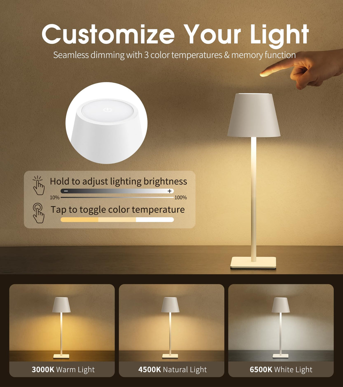 3 Pack Cordless Table Lamp (White / 3 Pack)