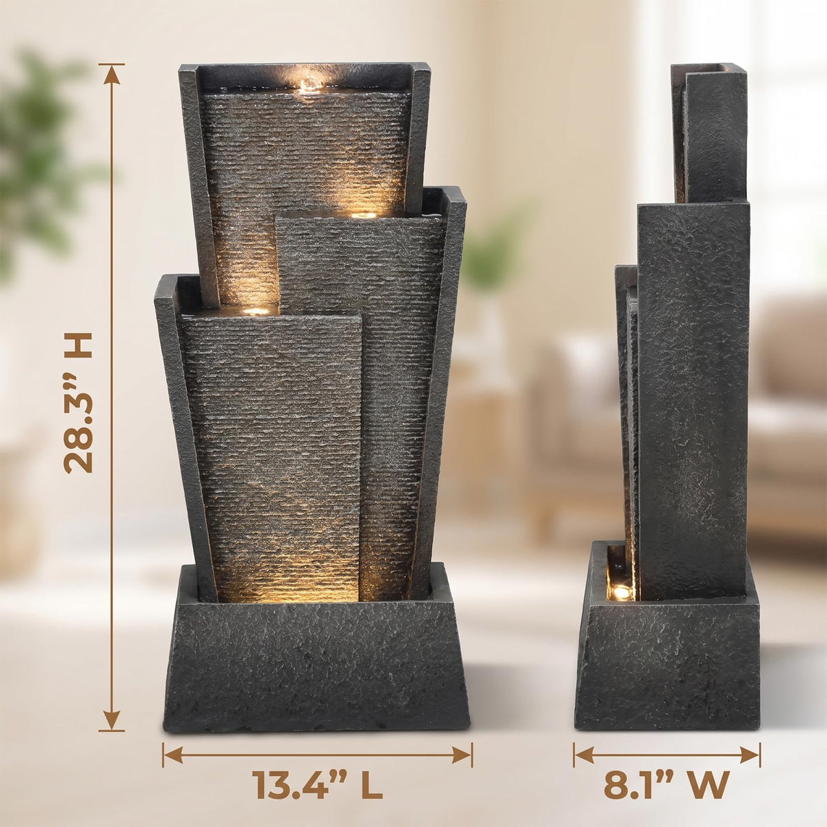 28H Modern Cascading Outdoor Water Fountain with Warm LED Light (28.3H)
