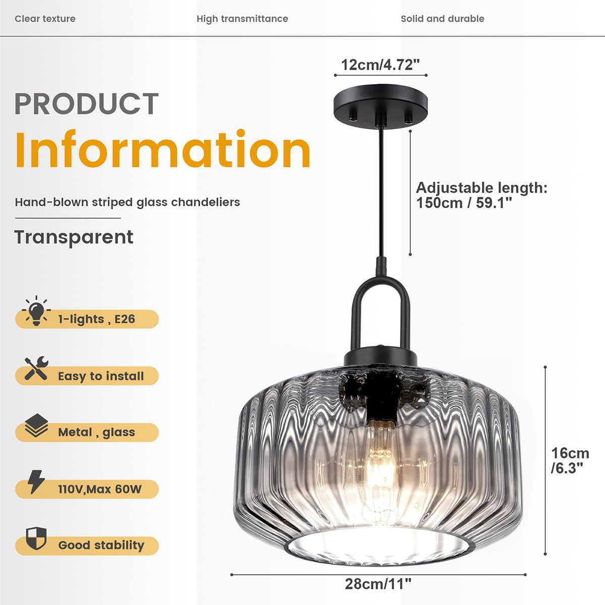 Gray Pendant Light Fixture Large Glass Pendant Light Fixture Vintage Industrial Ceiling Hanging Lights 11" Striped Wave Shade Black Metal Ceiling Hanging Lighting Farmhouse Kitchen (Gray)