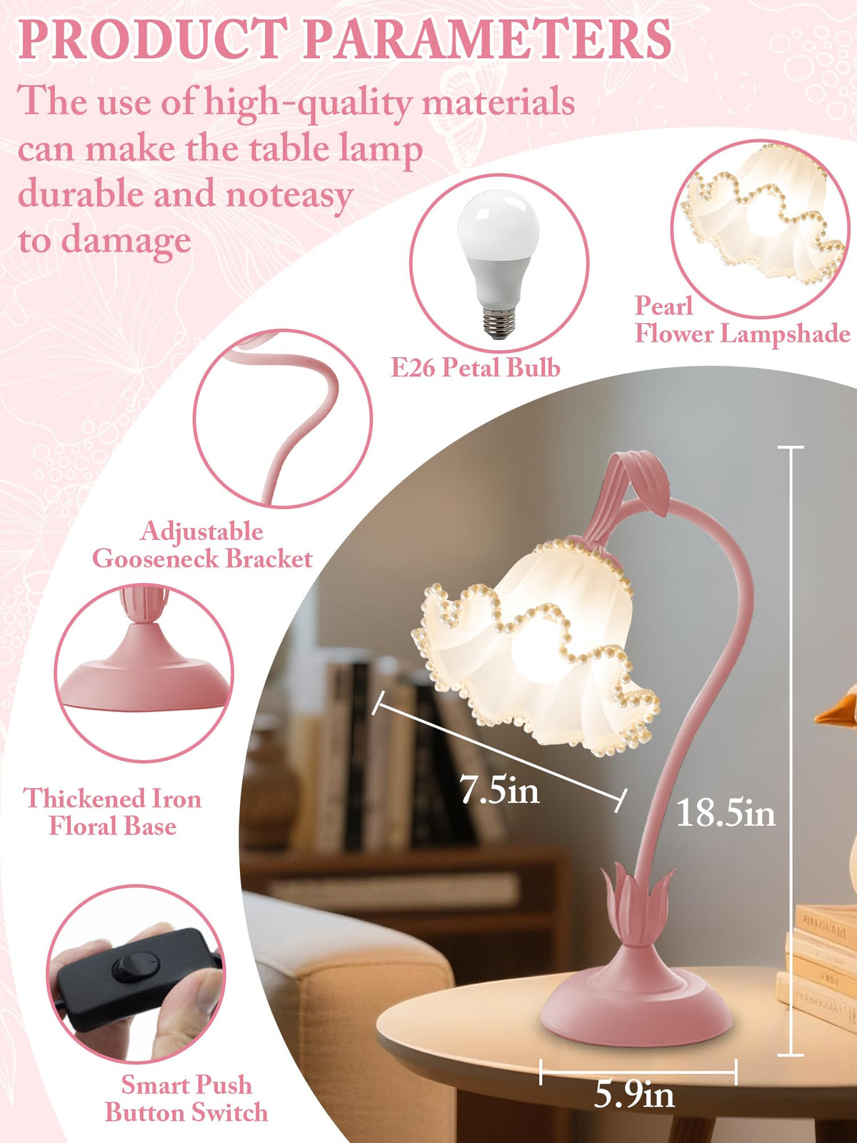Flower Table Lamp LED Reading Light Vintage Night light (Pink Pearls)