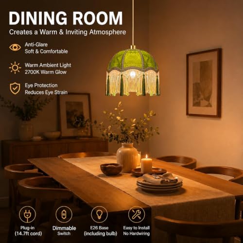Plug in Pendant Light Hanging Lights with Plug in Cord Fringe Green Hanging Lamp Gold Mid Century Vintage Dimmable Tassel Flower Plug in Chandelier Ceiling Fixture Victorian Boho 2 Pack (Pendant Light-26)