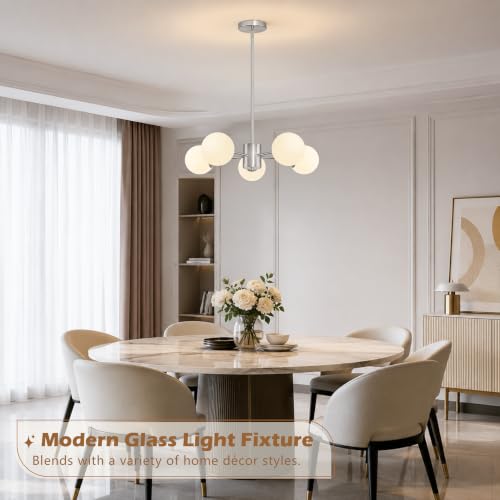 5-Light Mid-Century Modern Nickel Sputnik Chandeliers Dining Room (Milk, Nickel, S)